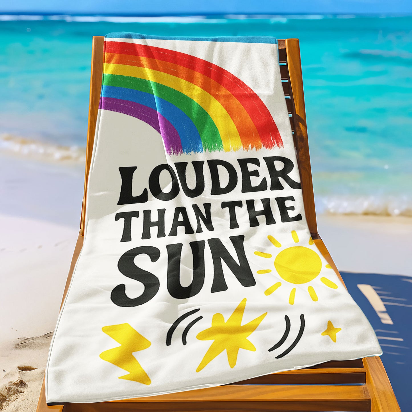Two people holding up white beach towels with rainbow arches and text, one saying "LOVE IS LOVE" and the other "LOUDER THAN THE SUN," on a sandy beach under a clear sky.