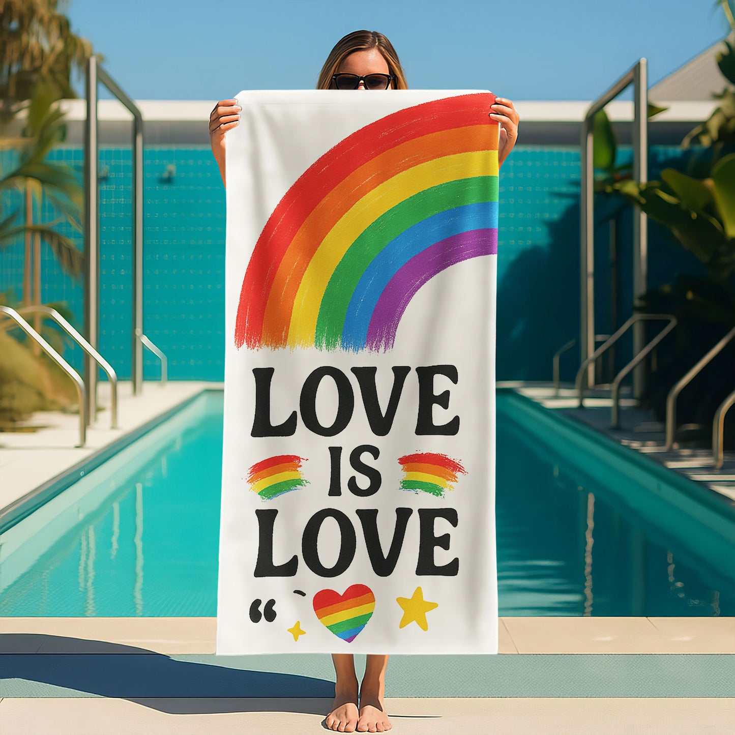 Two people holding up white beach towels with rainbow arches and text, one saying "LOVE IS LOVE" and the other "LOUDER THAN THE SUN," on a sandy beach under a clear sky.