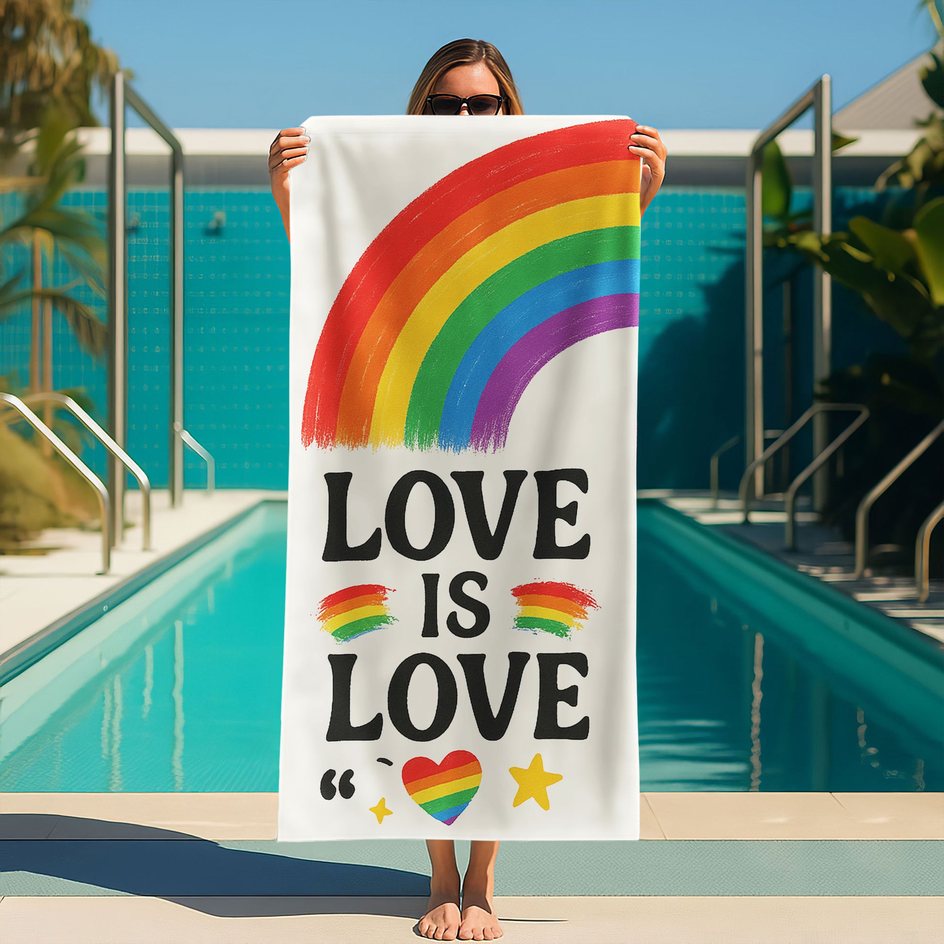Two people holding up white beach towels with rainbow arches and text, one saying "LOVE IS LOVE" and the other "LOUDER THAN THE SUN," on a sandy beach under a clear sky.