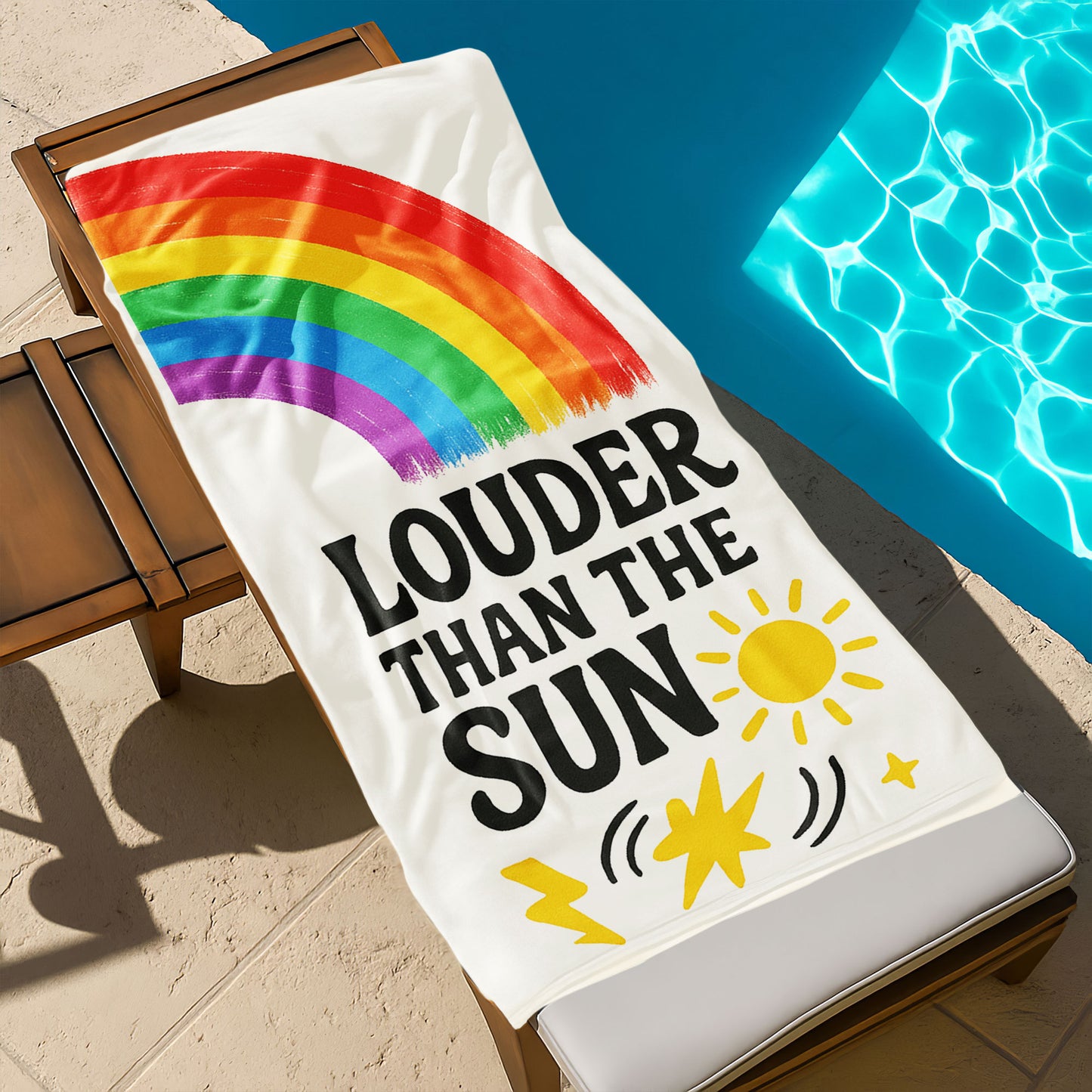 Two people holding up white beach towels with rainbow arches and text, one saying "LOVE IS LOVE" and the other "LOUDER THAN THE SUN," on a sandy beach under a clear sky.