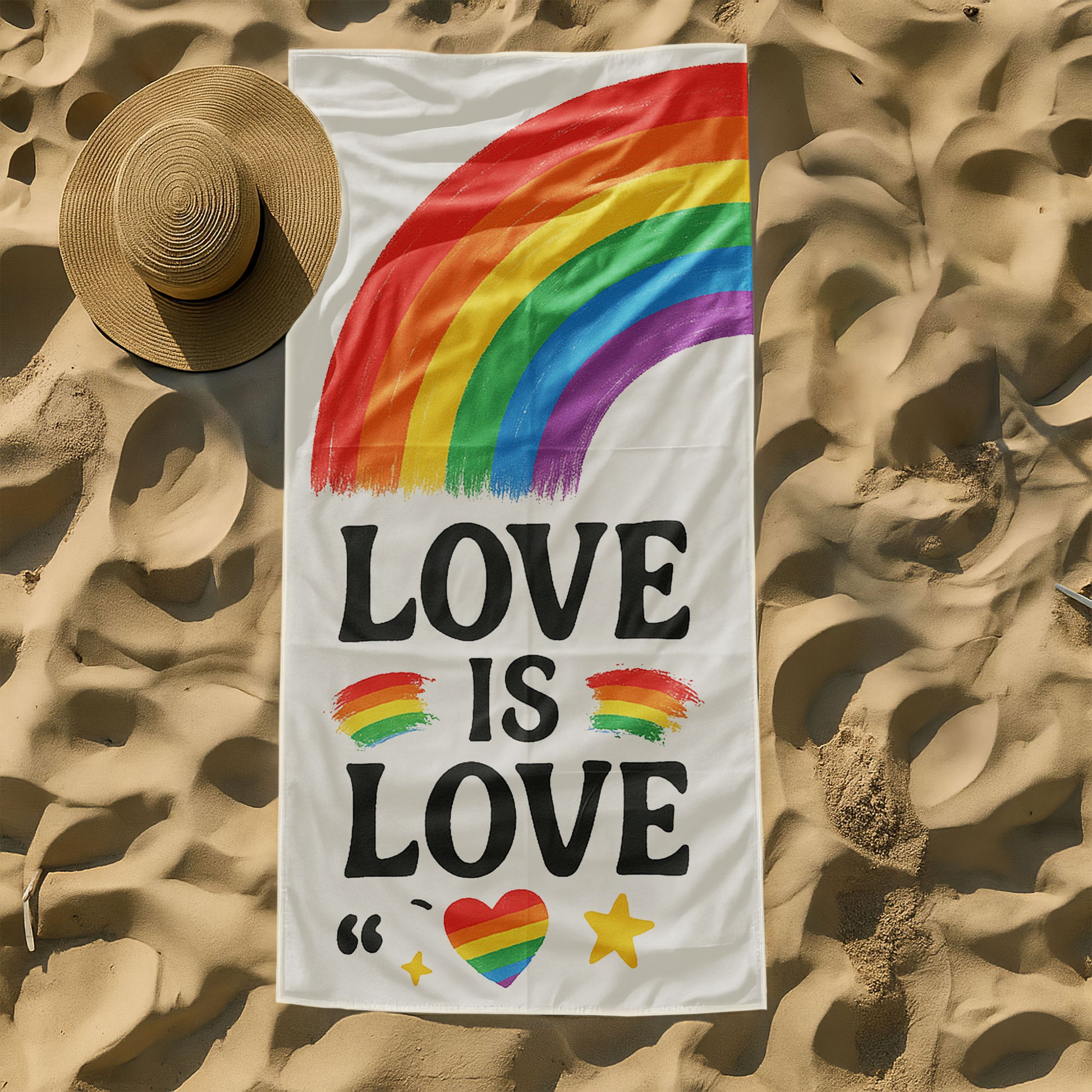 Two people holding up white beach towels with rainbow arches and text, one saying "LOVE IS LOVE" and the other "LOUDER THAN THE SUN," on a sandy beach under a clear sky.
