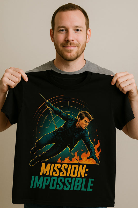 Unisex black graphic t-shirt with action rope climbing illustration and bold typography

