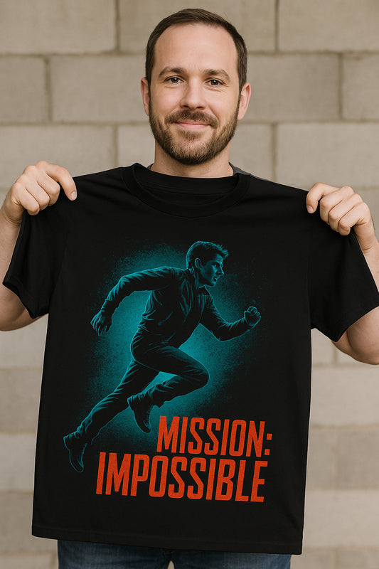 Unisex black graphic t-shirt with dynamic running figure illustration and bold typography

