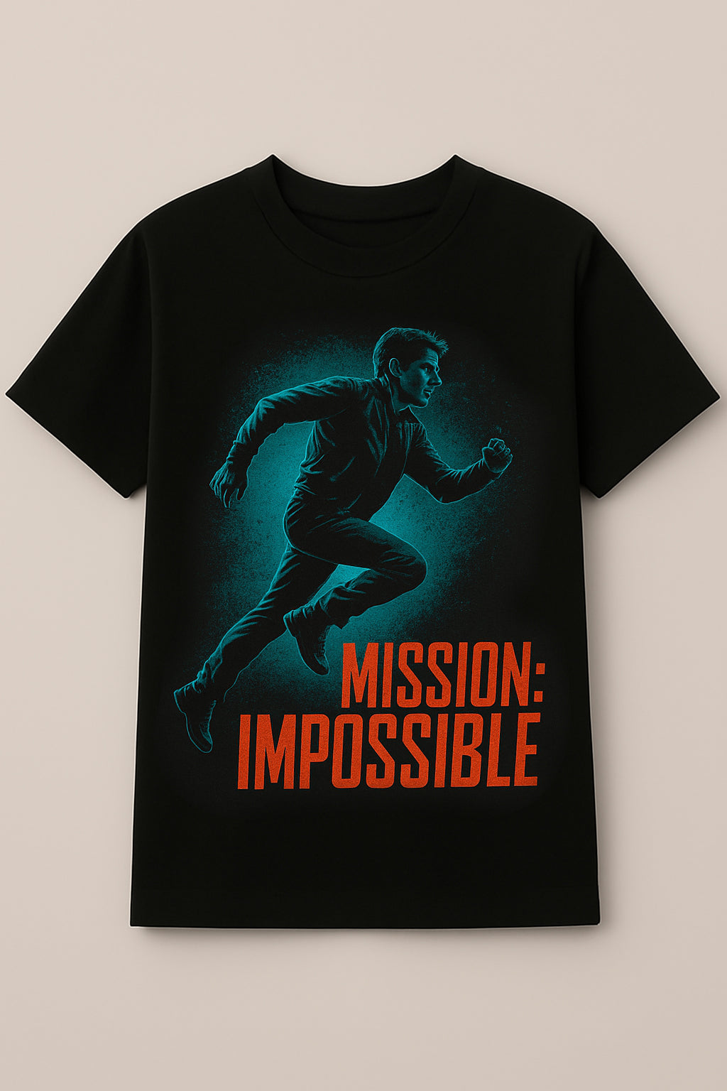 Unisex black graphic t-shirt with dynamic running figure illustration and bold typography