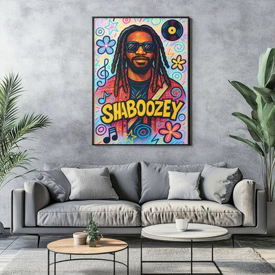 Vibrant urban pop art print featuring a stylized male artist with dreadlocks and sunglasses, surrounded by colorful abstract shapes, musical notes, stars, flowers, and a vinyl record, on a bright, doodle-filled background.