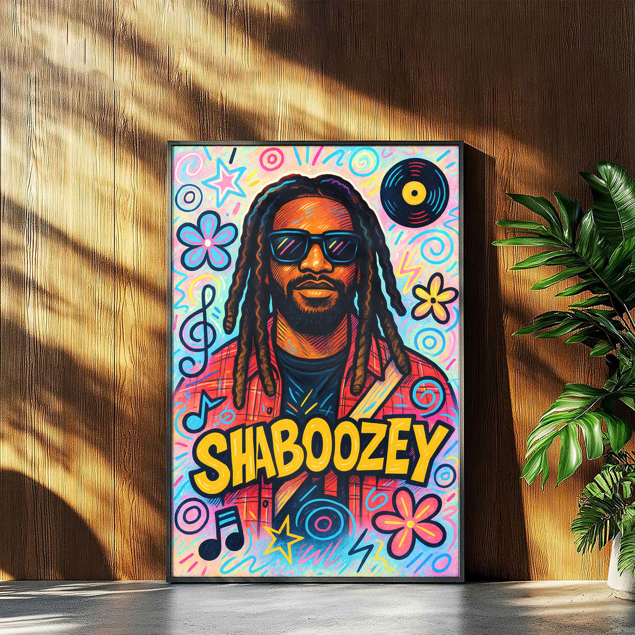 Vibrant urban pop art print featuring a stylized male artist with dreadlocks and sunglasses, surrounded by colorful abstract shapes, musical notes, stars, flowers, and a vinyl record, on a bright, doodle-filled background.