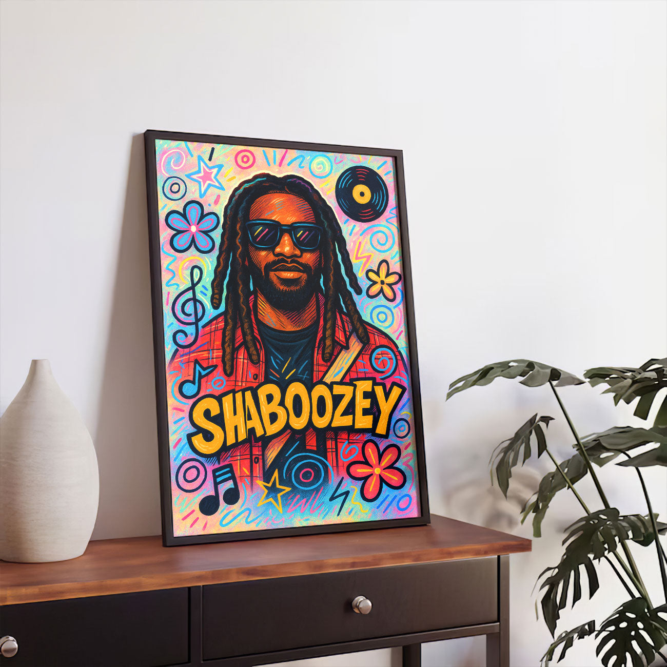 Vibrant urban pop art print featuring a stylized male artist with dreadlocks and sunglasses, surrounded by colorful abstract shapes, musical notes, stars, flowers, and a vinyl record, on a bright, doodle-filled background.