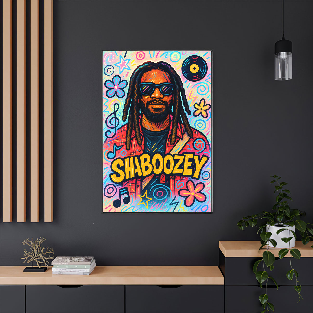 Vibrant urban pop art print featuring a stylized male artist with dreadlocks and sunglasses, surrounded by colorful abstract shapes, musical notes, stars, flowers, and a vinyl record, on a bright, doodle-filled background.