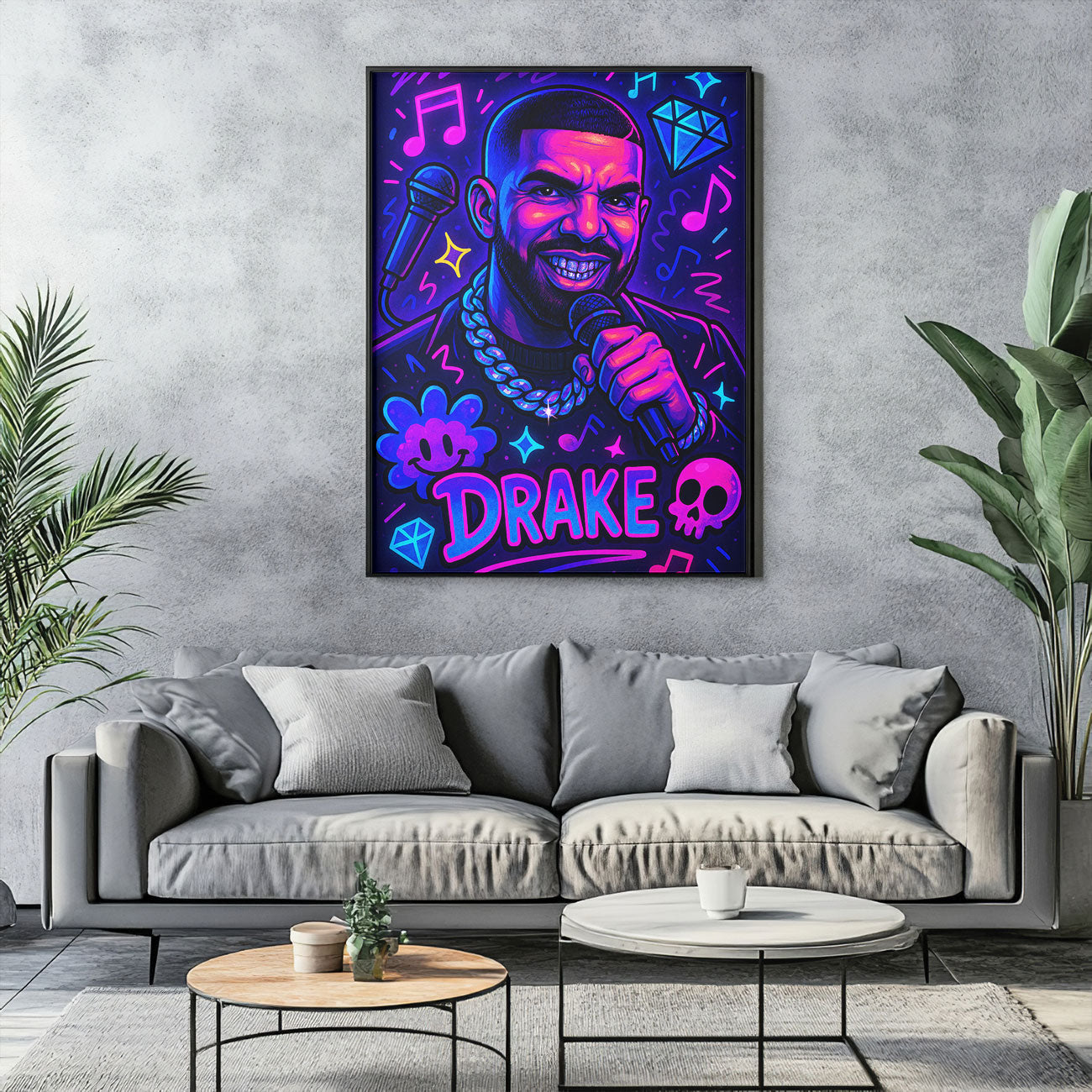 Vibrant pop art print featuring a stylized male rapper with a microphone, wearing a chain, and surrounded by musical notes, diamonds, and skull motifs on a purple and blue background.