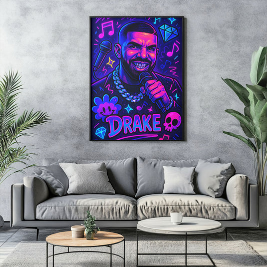 Vibrant pop art print featuring a stylized male rapper with a microphone, wearing a chain, and surrounded by musical notes, diamonds, and skull motifs on a purple and blue background.