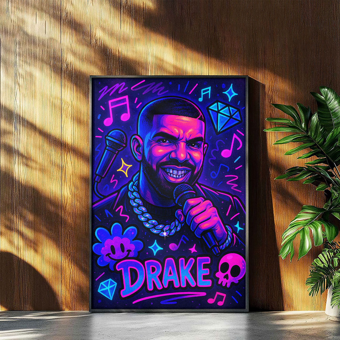 Vibrant pop art print featuring a stylized male rapper with a microphone, wearing a chain, and surrounded by musical notes, diamonds, and skull motifs on a purple and blue background.