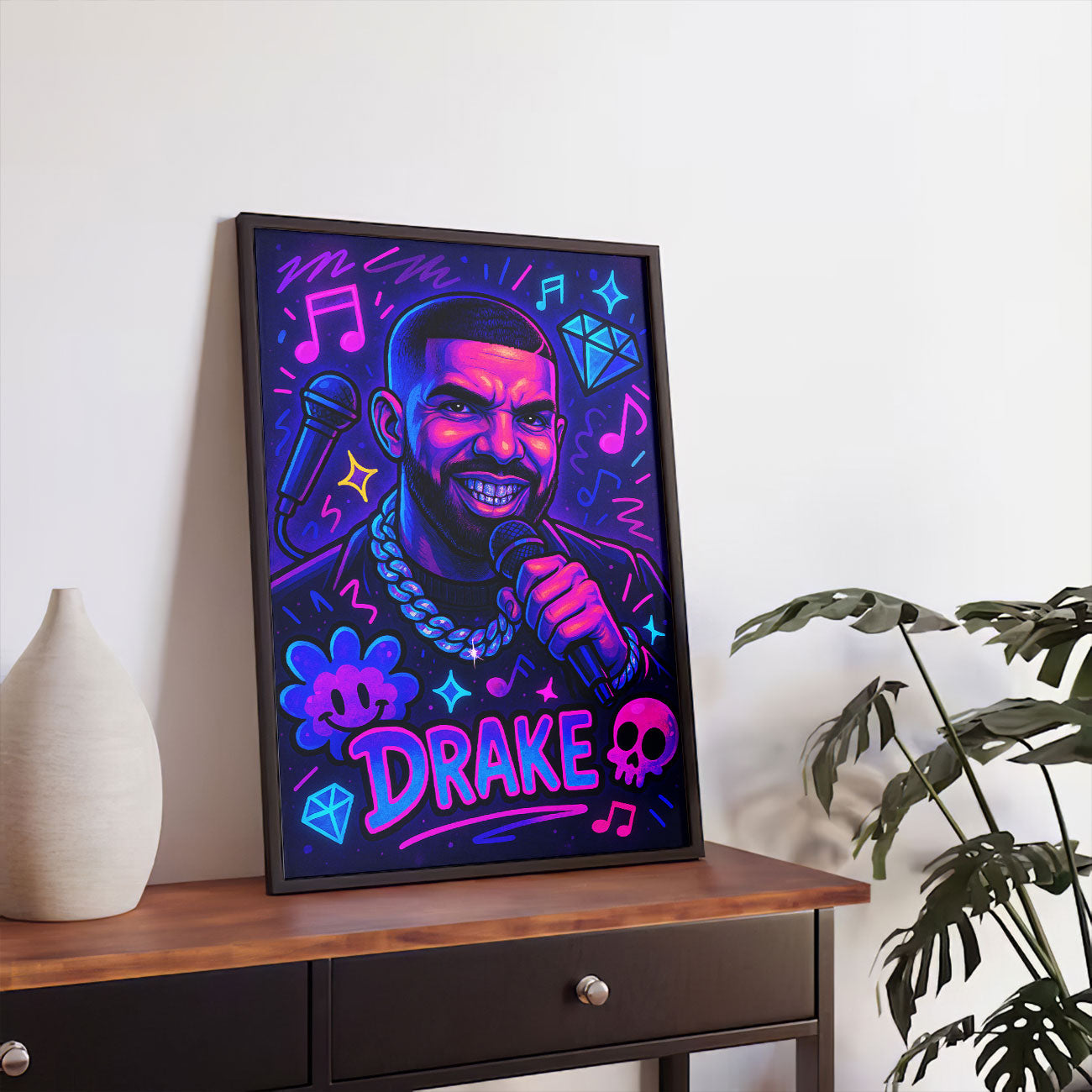 Vibrant pop art print featuring a stylized male rapper with a microphone, wearing a chain, and surrounded by musical notes, diamonds, and skull motifs on a purple and blue background.