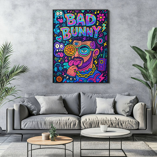 Vibrant urban pop art print featuring a stylized male Latin music artist with sunglasses and a third eye, surrounded by colorful abstract shapes, musical notes, and cartoon monsters on a dark purple background.