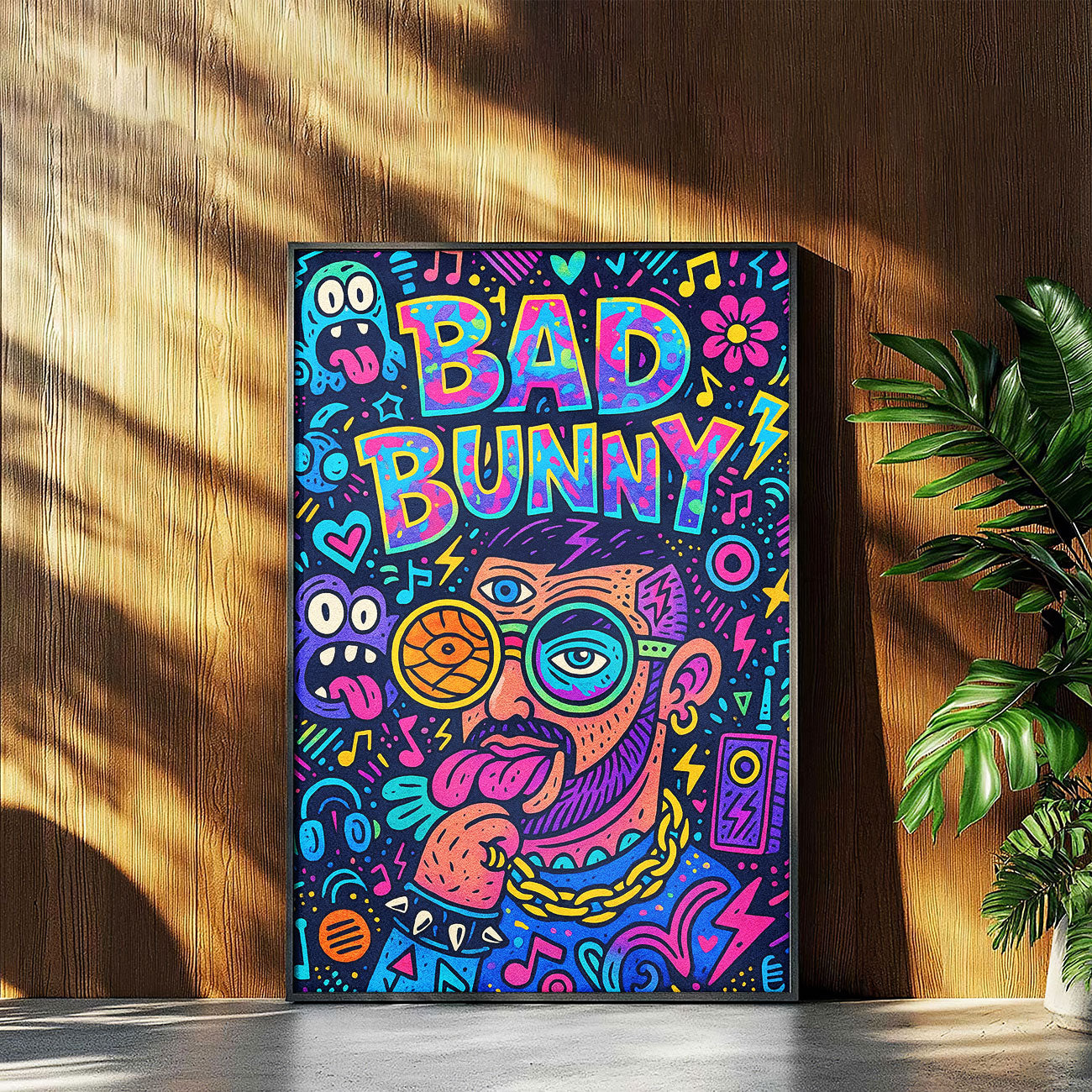 Vibrant urban pop art print featuring a stylized male Latin music artist with sunglasses and a third eye, surrounded by colorful abstract shapes, musical notes, and cartoon monsters on a dark purple background.