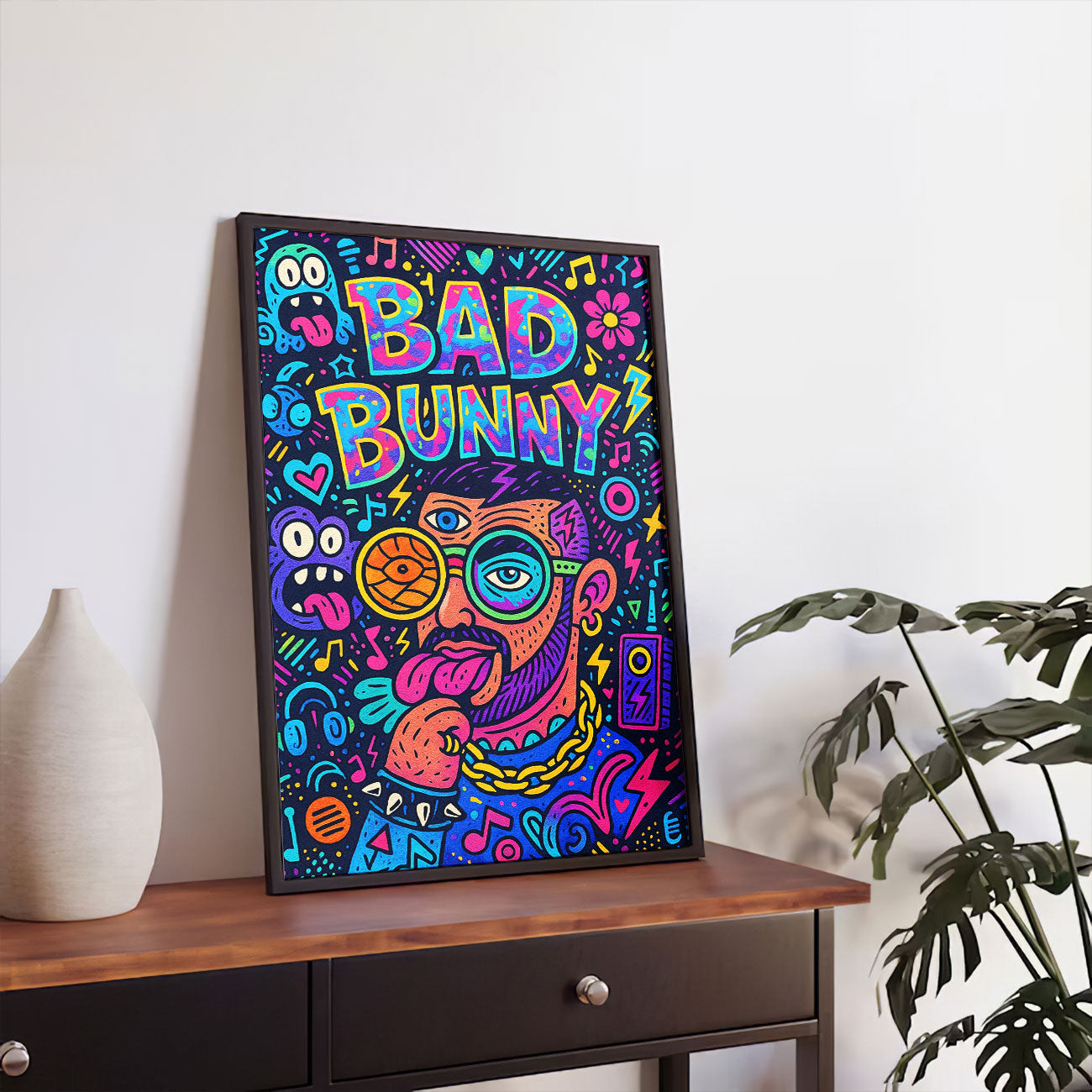 Vibrant urban pop art print featuring a stylized male Latin music artist with sunglasses and a third eye, surrounded by colorful abstract shapes, musical notes, and cartoon monsters on a dark purple background.