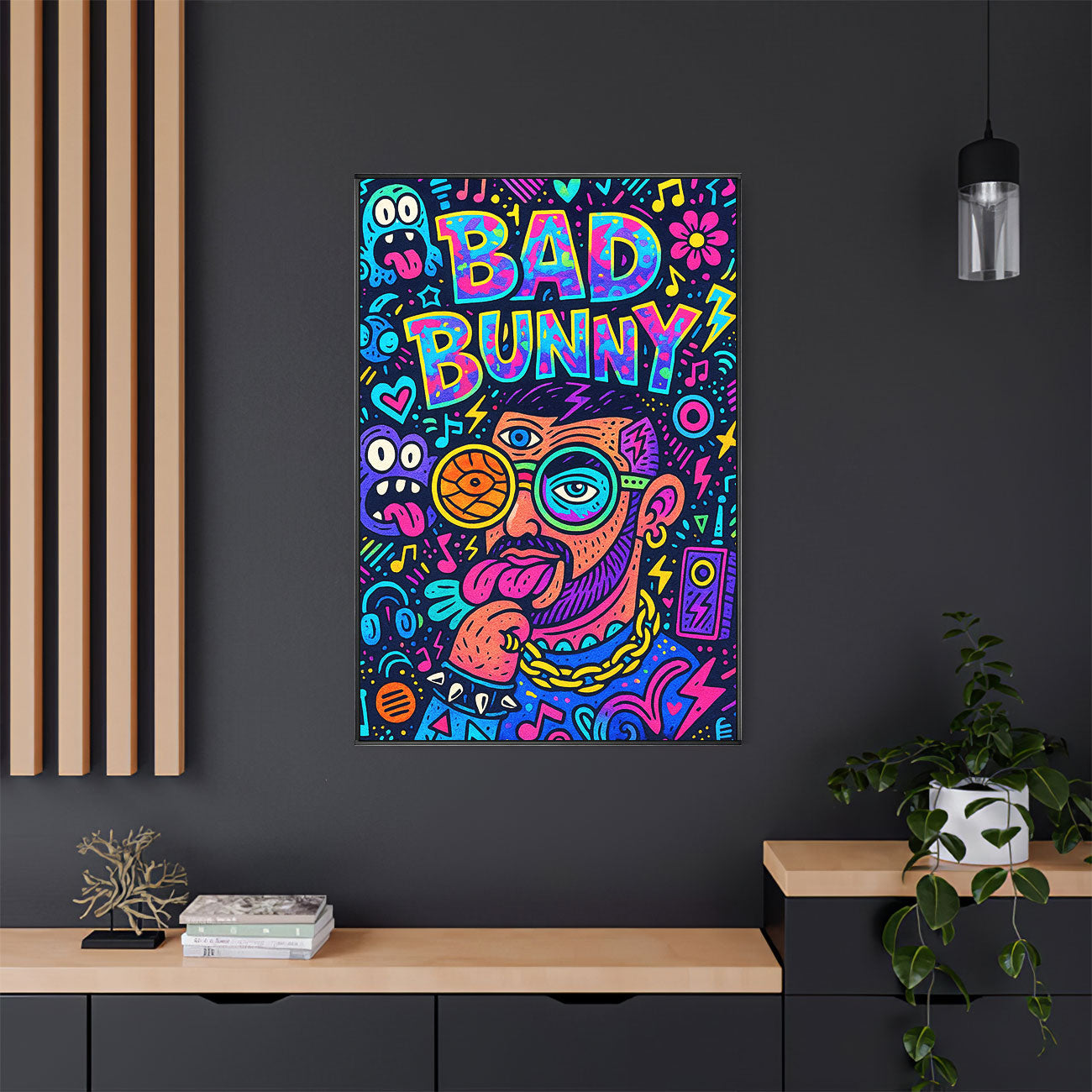Vibrant urban pop art print featuring a stylized male Latin music artist with sunglasses and a third eye, surrounded by colorful abstract shapes, musical notes, and cartoon monsters on a dark purple background.