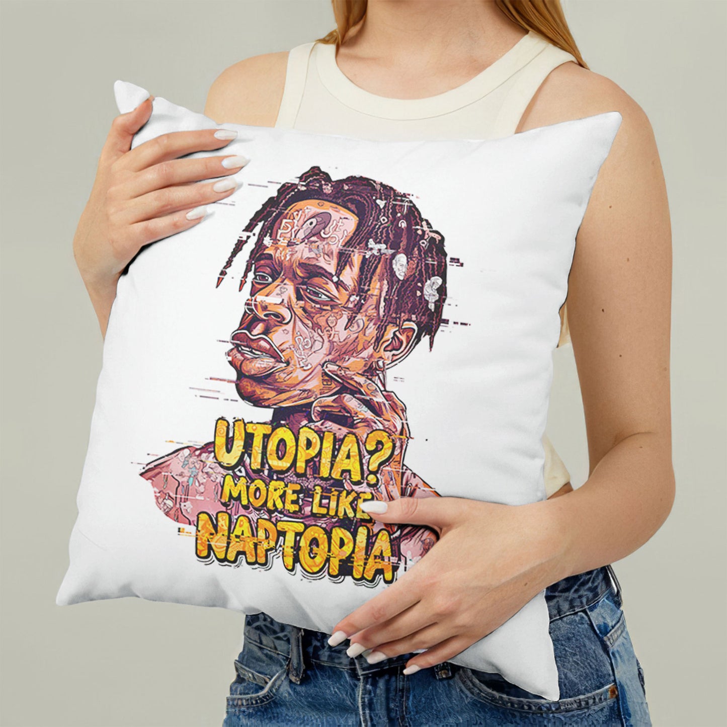White square meme pillow printed with "Utopia? More Like Naptopia." featuring a character with dreadlocks and a relaxed expression.