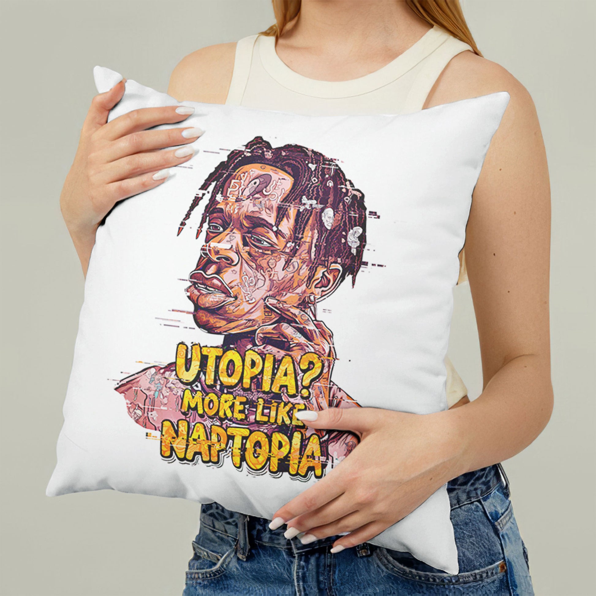 White square meme pillow printed with "Utopia? More Like Naptopia." featuring a character with dreadlocks and a relaxed expression.
