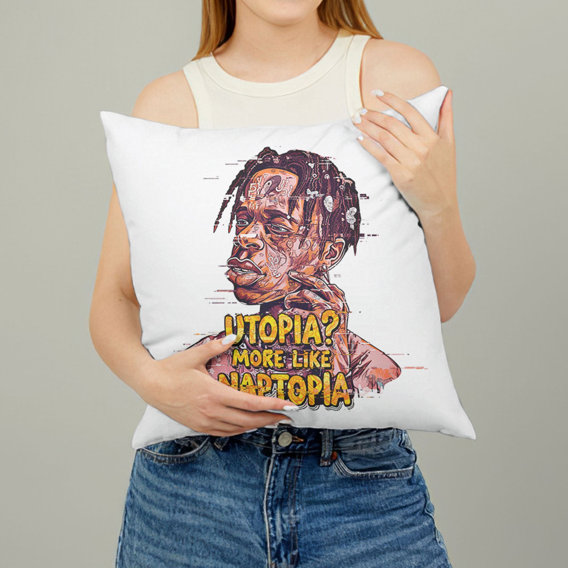 White square meme pillow printed with "Utopia? More Like Naptopia." featuring a character with dreadlocks and a relaxed expression.