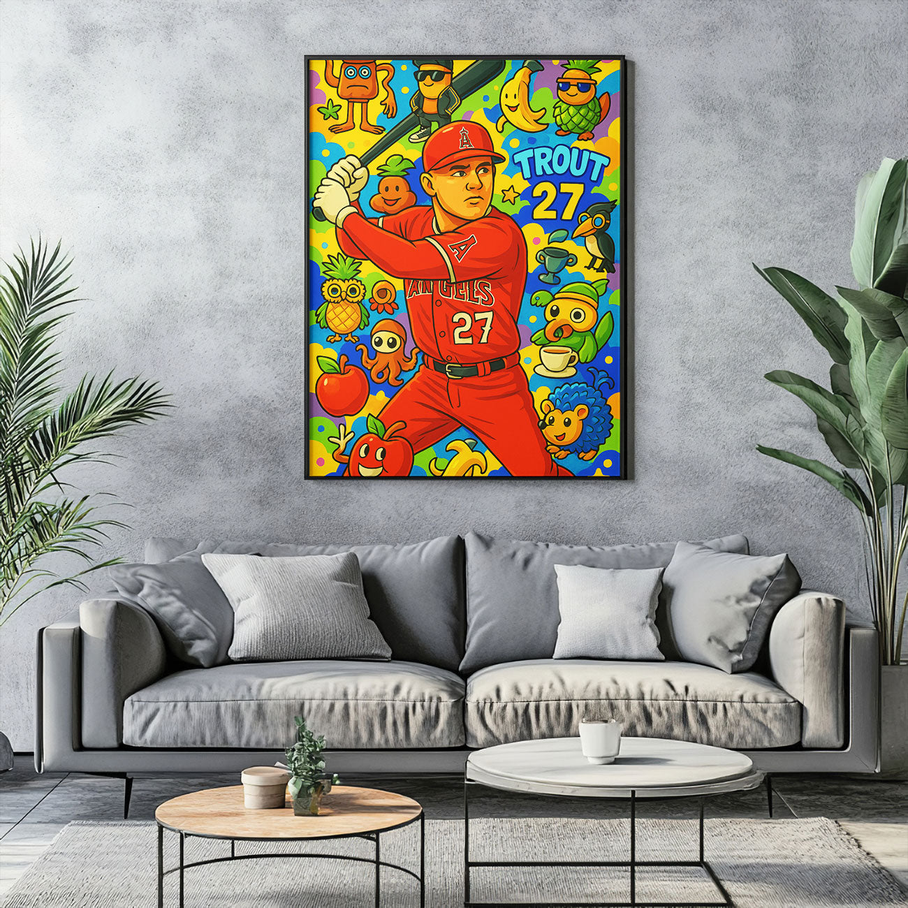 Vibrant pop art canvas print of a baseball player in a red uniform swinging a bat, surrounded by colorful, whimsical characters