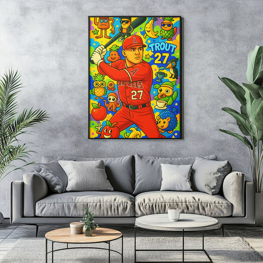 Vibrant pop art canvas print of a baseball player in a red uniform swinging a bat, surrounded by colorful, whimsical characters