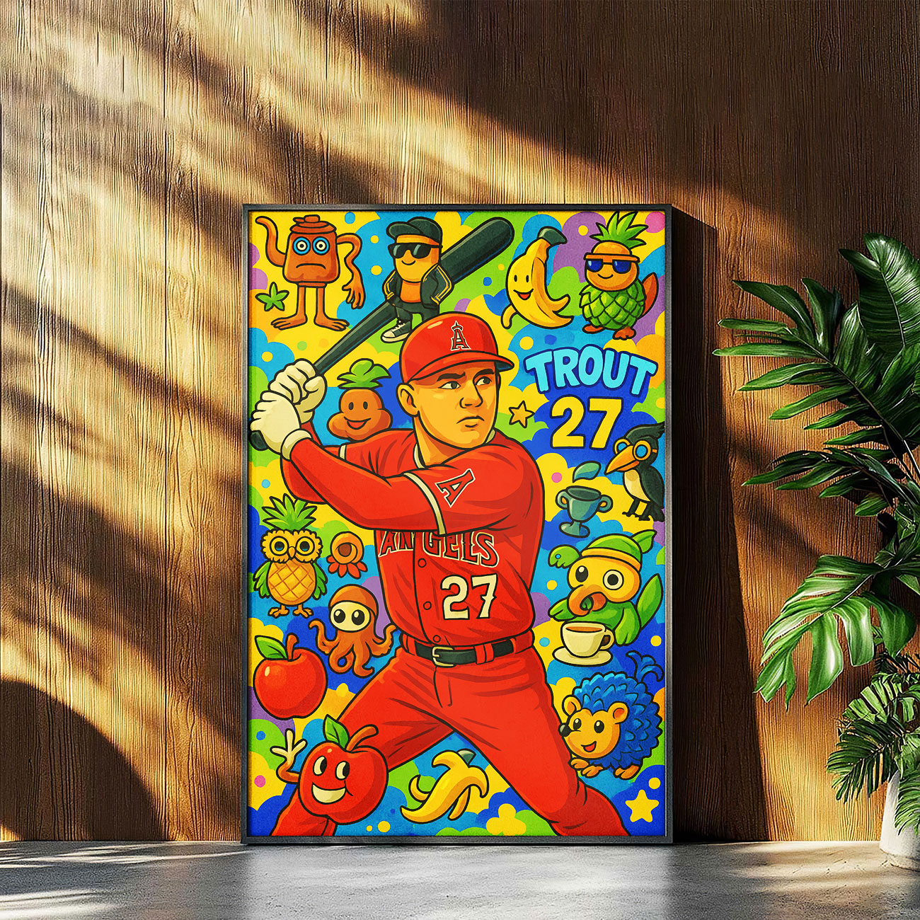 Vibrant pop art canvas print of a baseball player in a red uniform swinging a bat, surrounded by colorful, whimsical characters