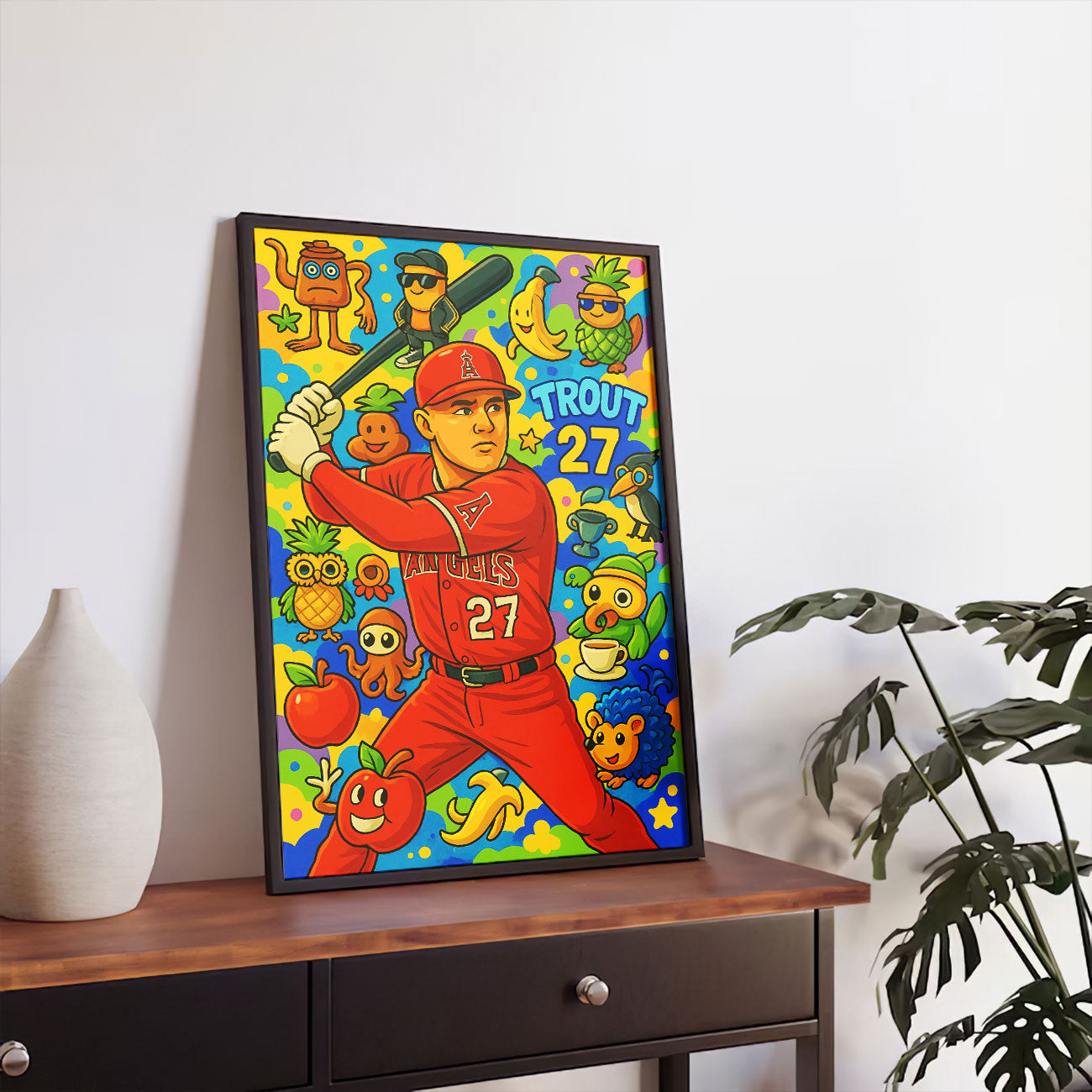Vibrant pop art canvas print of a baseball player in a red uniform swinging a bat, surrounded by colorful, whimsical characters