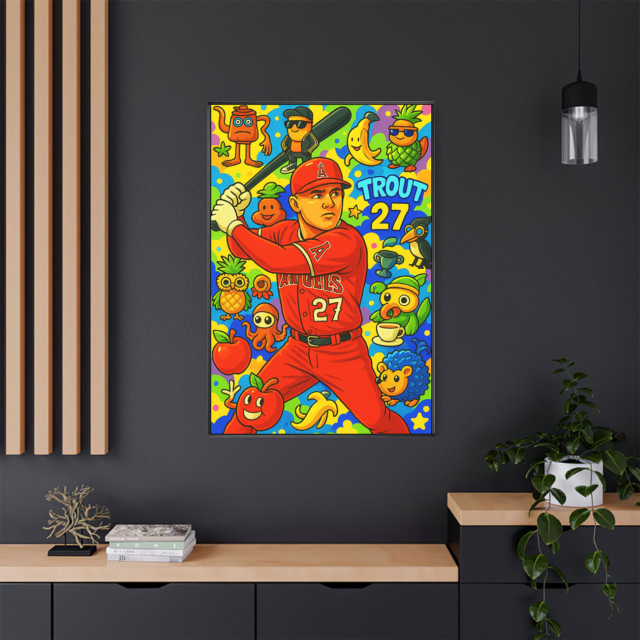 Vibrant pop art canvas print of a baseball player in a red uniform swinging a bat, surrounded by colorful, whimsical characters