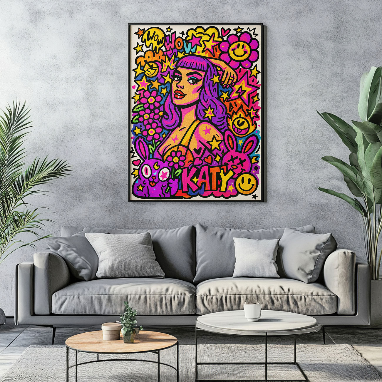Vibrant pop princess art print with purple hair, surrounded by colorful stars, flowers, smiley faces, and bunnies, featuring "KATY" text