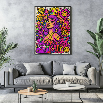 Vibrant pop princess art print with purple hair, surrounded by colorful stars, flowers, smiley faces, and bunnies, featuring "KATY" text