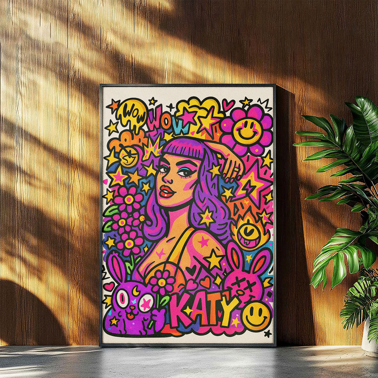 Vibrant pop princess art print with purple hair, surrounded by colorful stars, flowers, smiley faces, and bunnies, featuring "KATY" text