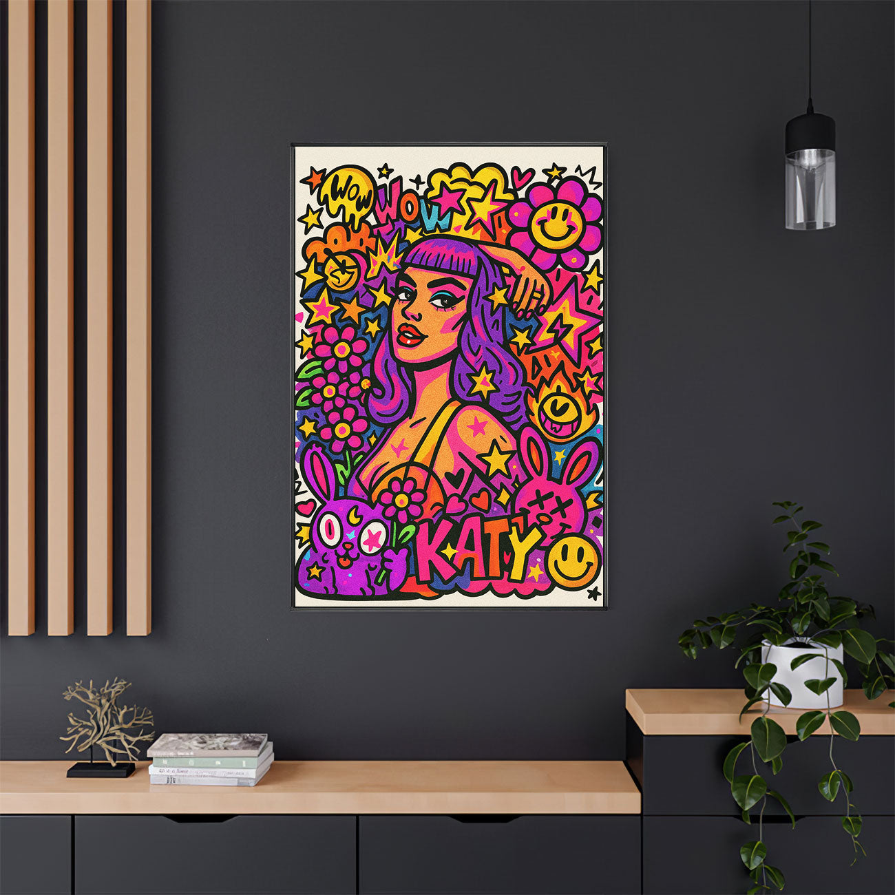 Vibrant pop princess art print with purple hair, surrounded by colorful stars, flowers, smiley faces, and bunnies, featuring "KATY" text
