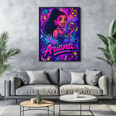 Vibrant pop vocalist art print with neon colors and microphone 🎤✨, perfect for music lovers' decor