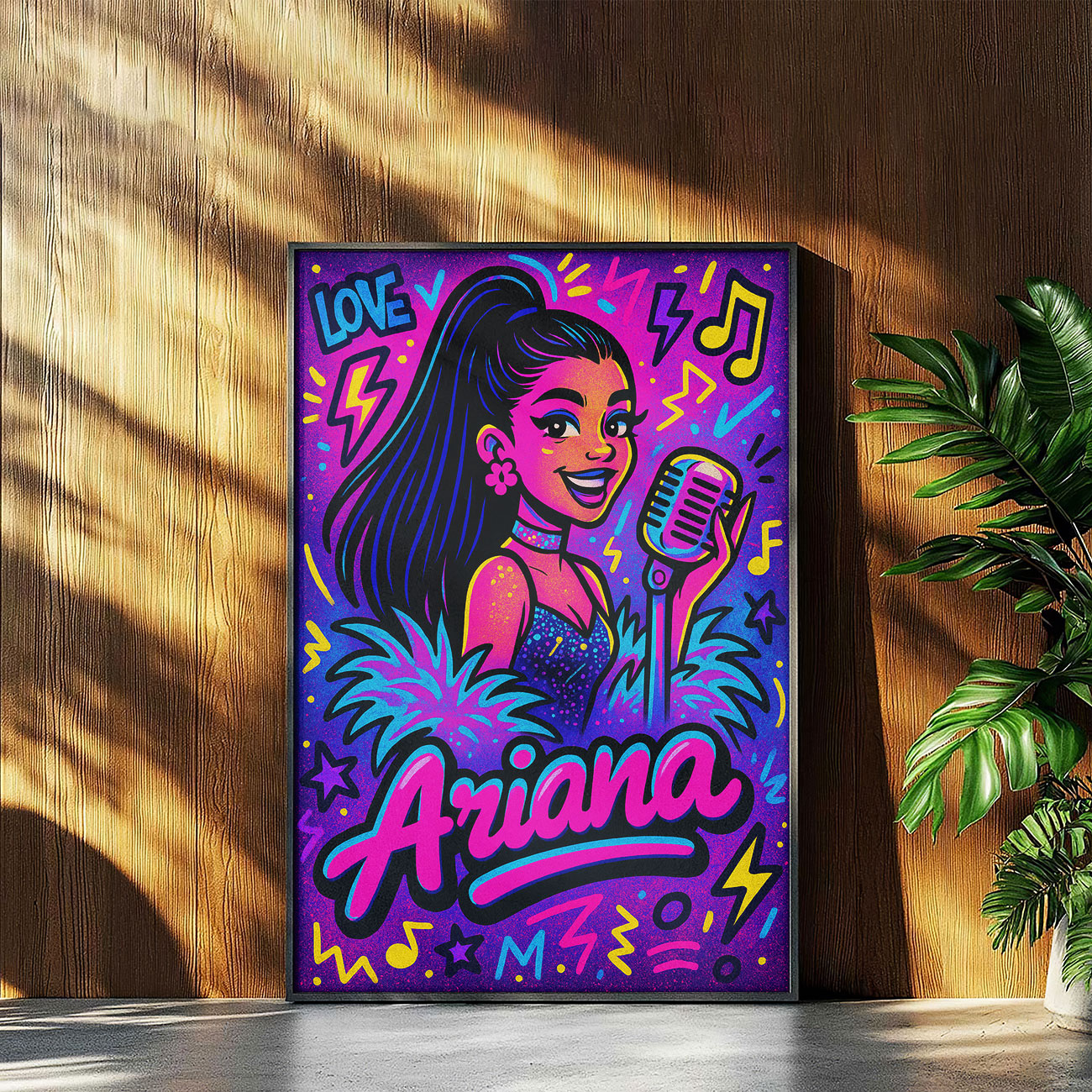 Vibrant pop vocalist art print with neon colors and microphone 🎤✨, perfect for music lovers' decor