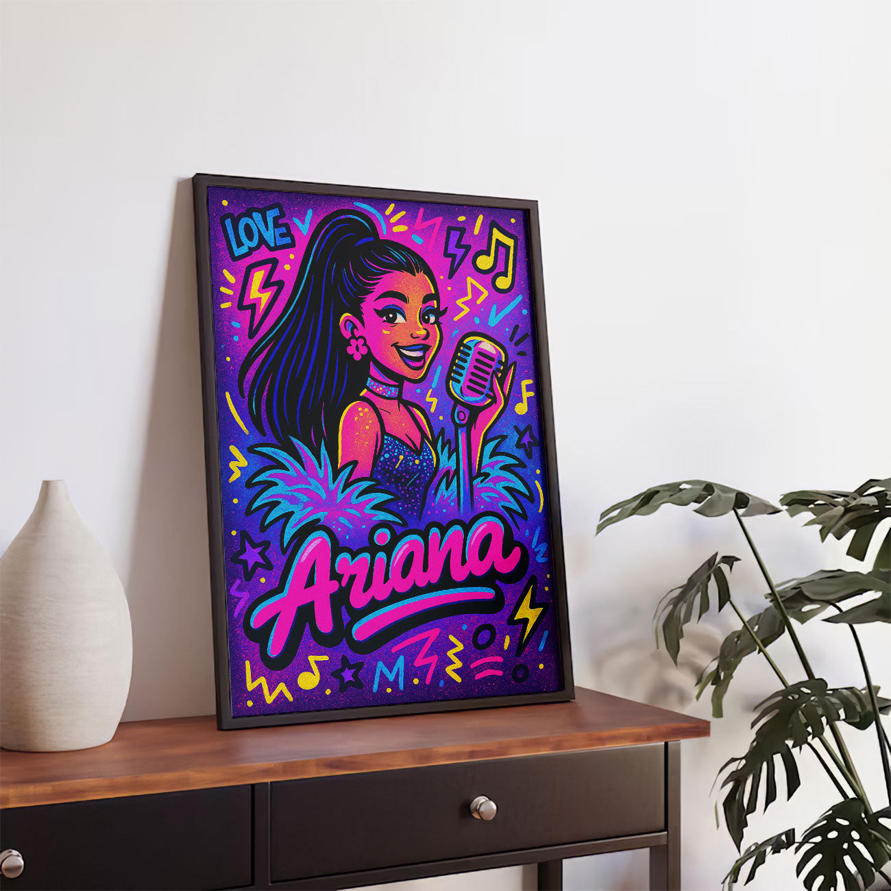 Vibrant pop vocalist art print with neon colors and microphone 🎤✨, perfect for music lovers' decor