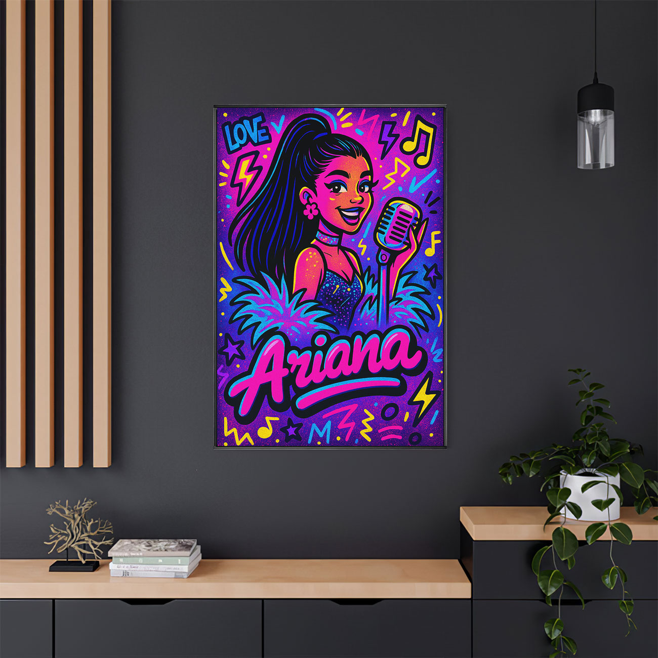 Vibrant pop vocalist art print with neon colors and microphone 🎤✨, perfect for music lovers' decor