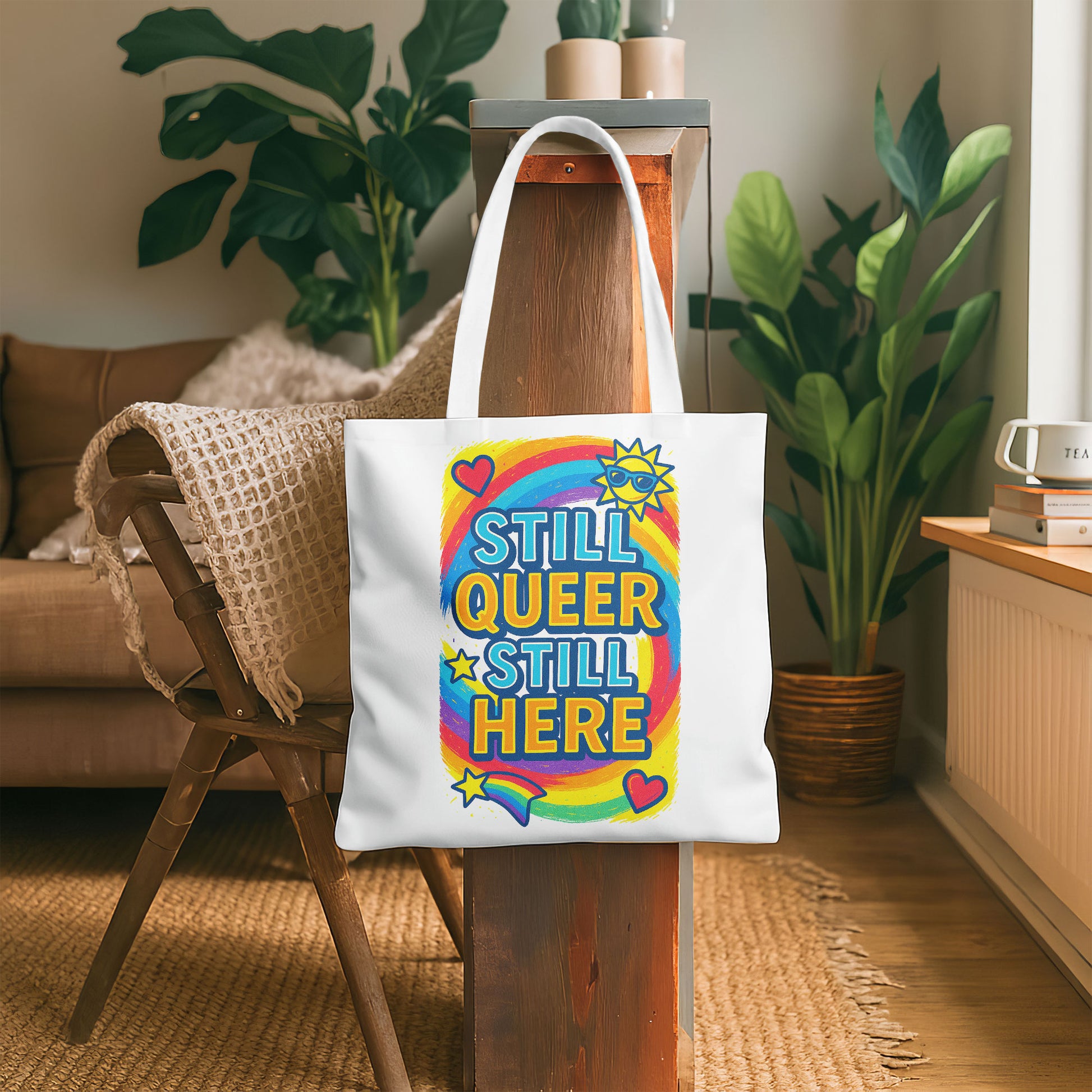 White tote bag with "STILL QUEER STILL HERE" text in colorful letters, a rainbow, stars, hearts, and a sun with sunglasses, on a sandy beach with the ocean in the background.