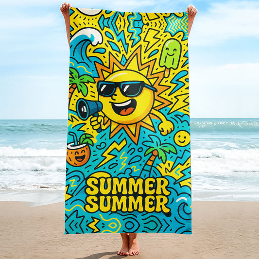Vibrant summer fun beach towel with smiling sun, megaphone, waves, palm trees, and "SUMMER SUMMER" text on a beach with ocean in background.