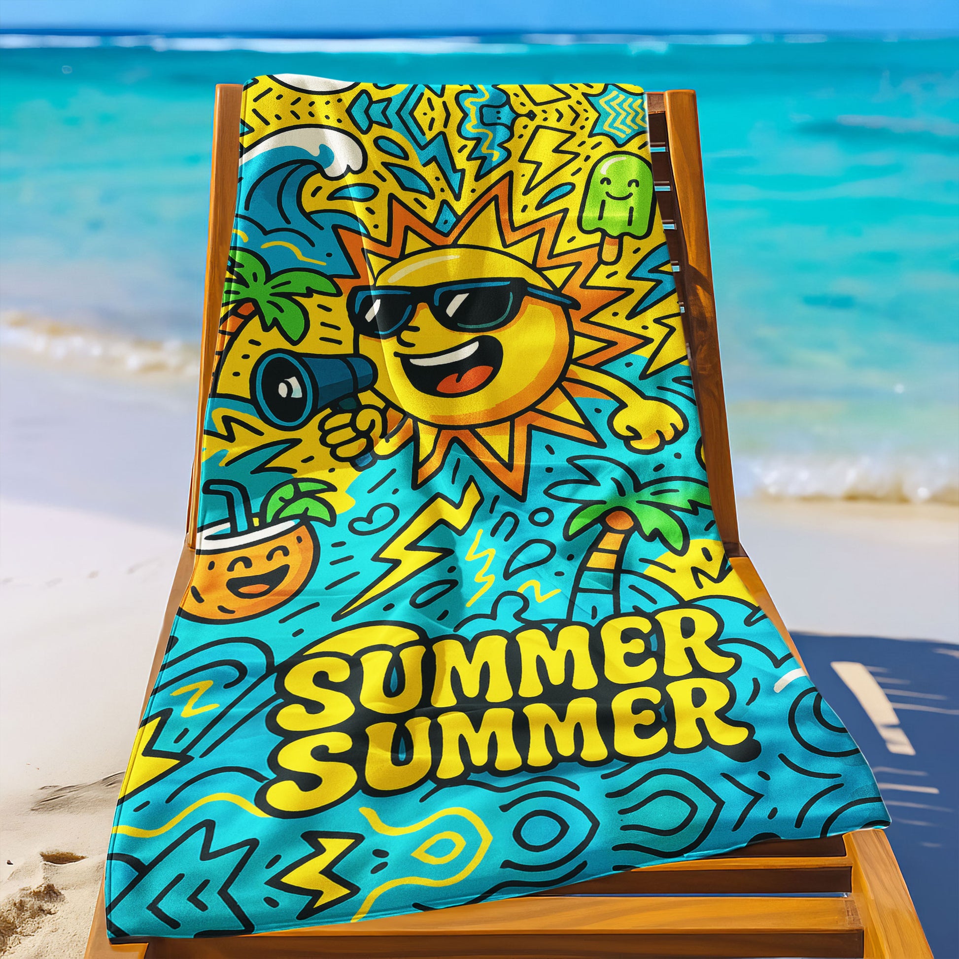 Vibrant summer fun beach towel with smiling sun, megaphone, waves, palm trees, and "SUMMER SUMMER" text on a beach with ocean in background.