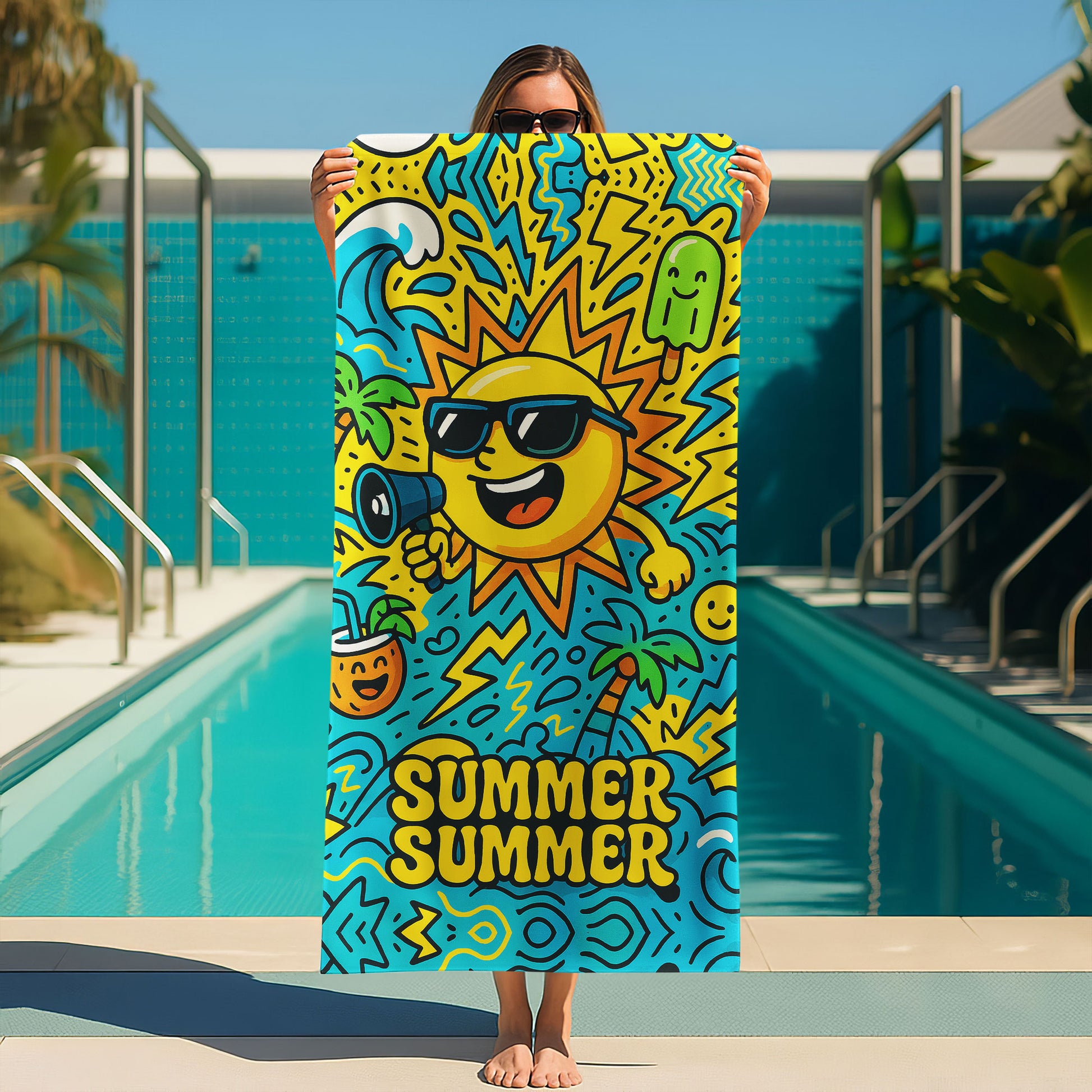 Vibrant summer fun beach towel with smiling sun, megaphone, waves, palm trees, and "SUMMER SUMMER" text on a beach with ocean in background.