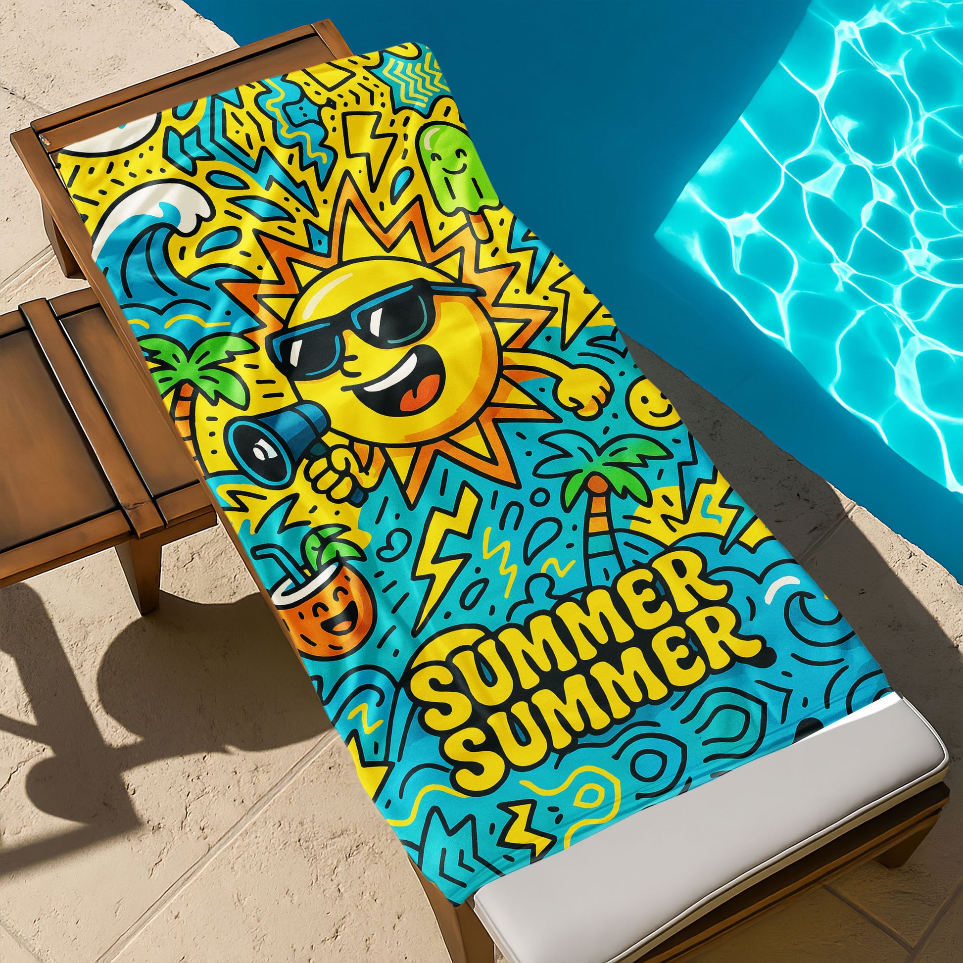 Vibrant summer fun beach towel with smiling sun, megaphone, waves, palm trees, and "SUMMER SUMMER" text on a beach with ocean in background.