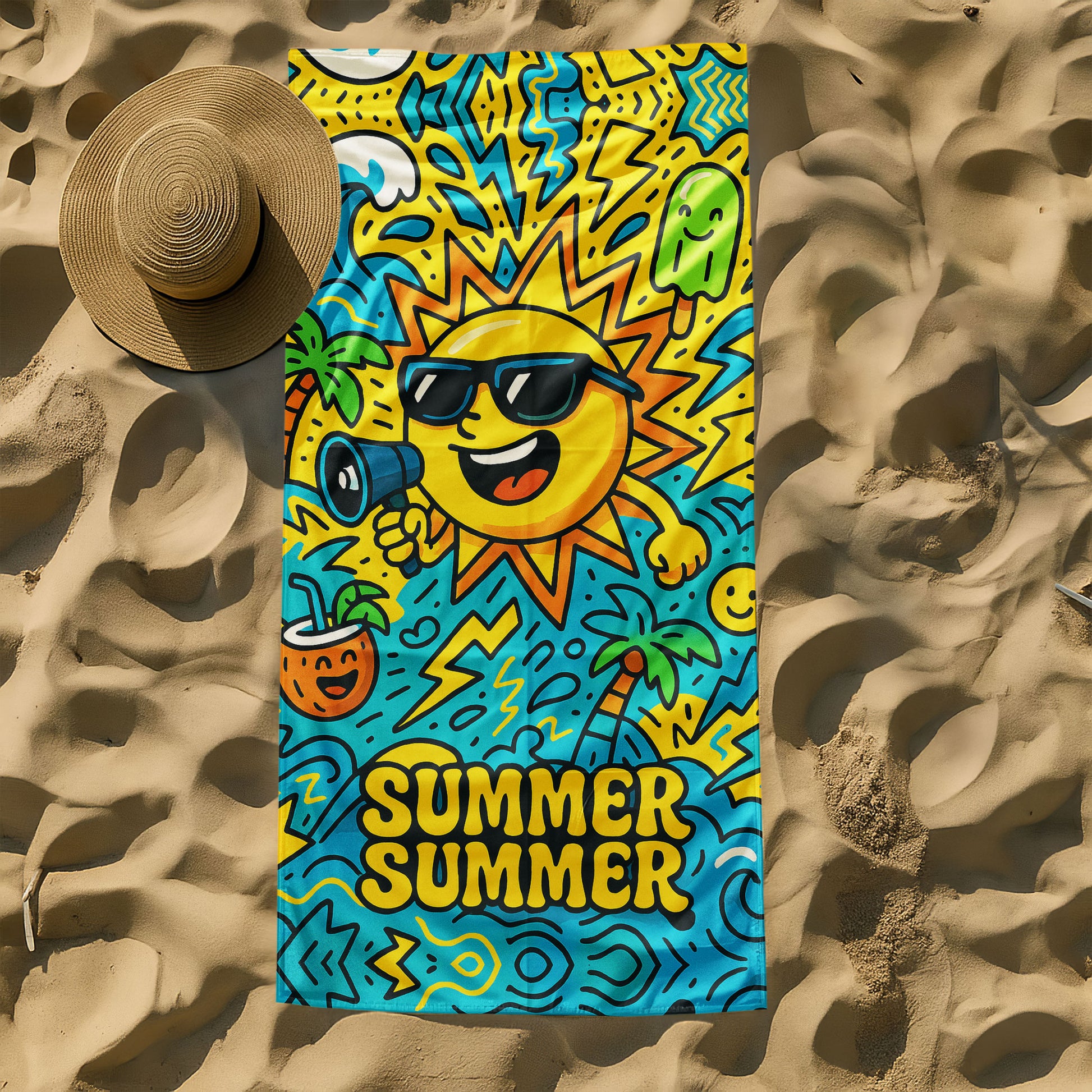 Vibrant summer fun beach towel with smiling sun, megaphone, waves, palm trees, and "SUMMER SUMMER" text on a beach with ocean in background.