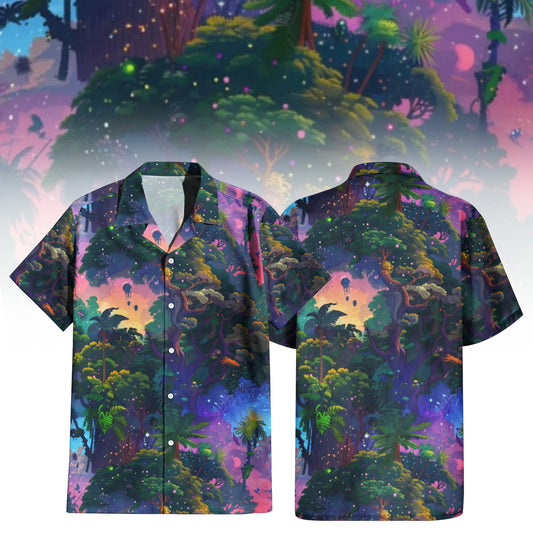 Views From the Canopy Hawaiian Shirt For Men Women - front and back view of a vibrant psychedelic forest and cosmic sky print on a short-sleeve button-up shirt