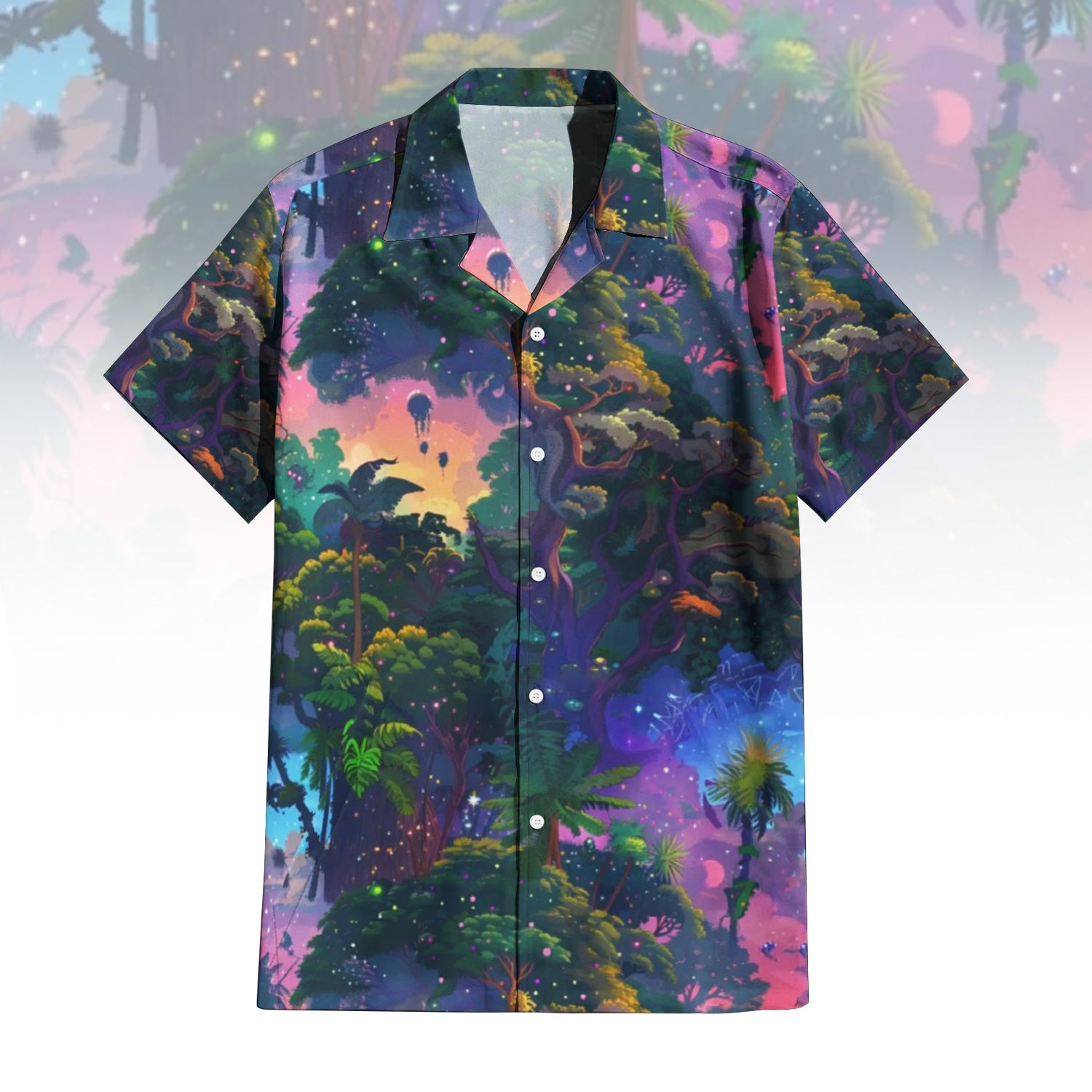 Views From the Canopy Hawaiian Shirt For Men Women - front and back view of a vibrant psychedelic forest and cosmic sky print on a short-sleeve button-up shirt