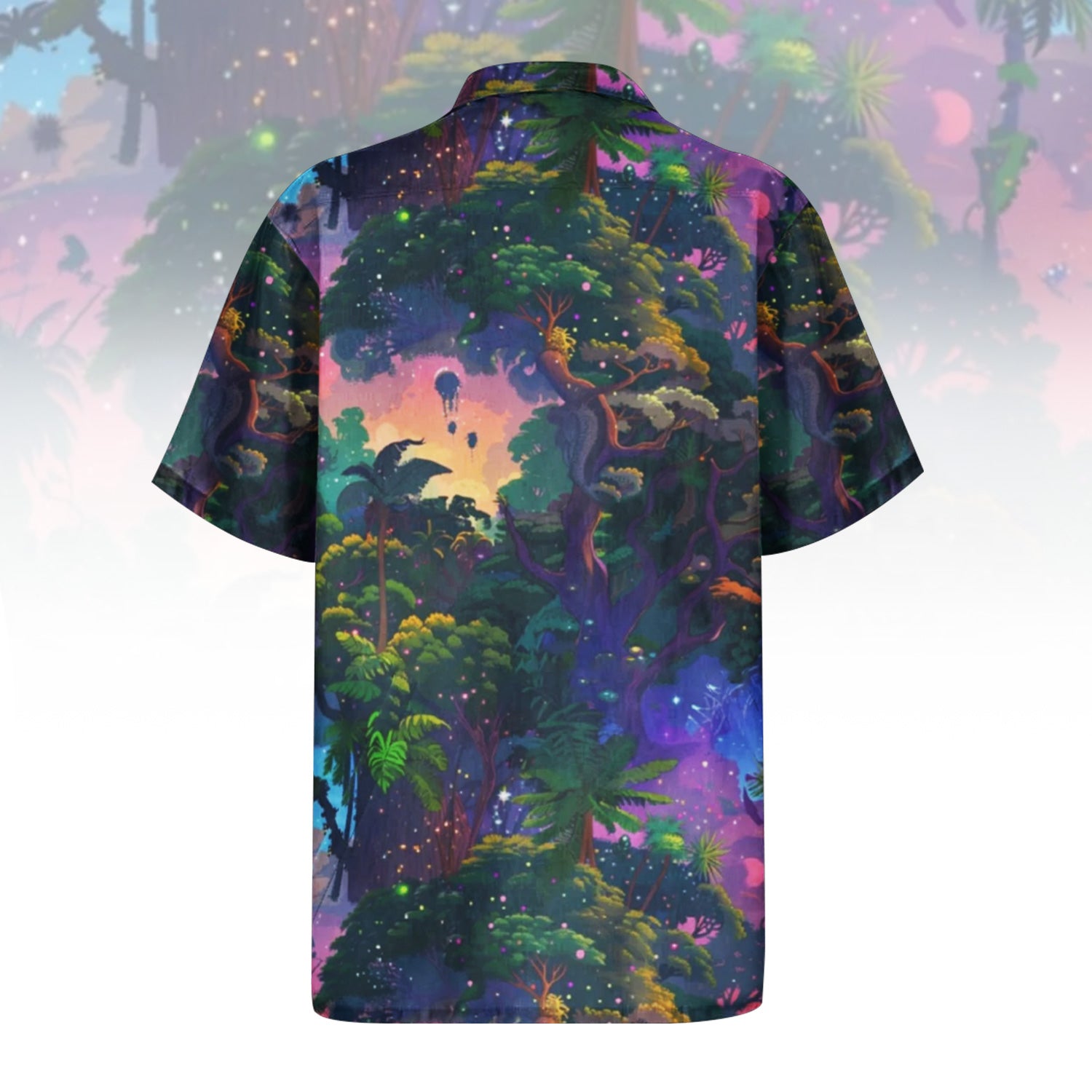 Views From the Canopy Hawaiian Shirt For Men Women - front and back view of a vibrant psychedelic forest and cosmic sky print on a short-sleeve button-up shirt