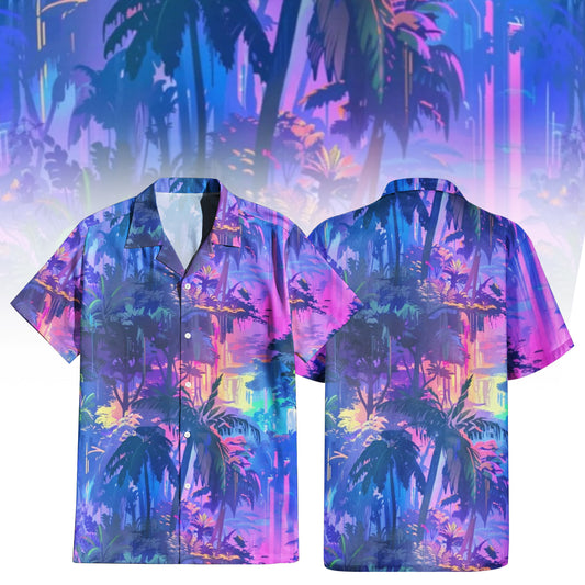 Violet Haze Hawaiian Shirt For Men Women - front and back view, showing vibrant purple and blue palm tree print with neon accents.