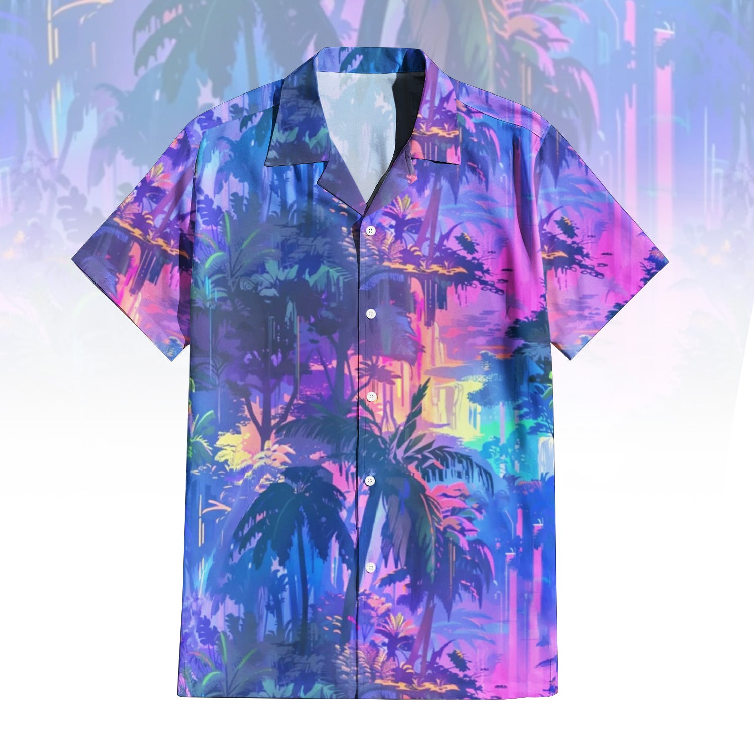 Violet Haze Hawaiian Shirt For Men Women - front and back view, showing vibrant purple and blue palm tree print with neon accents.
