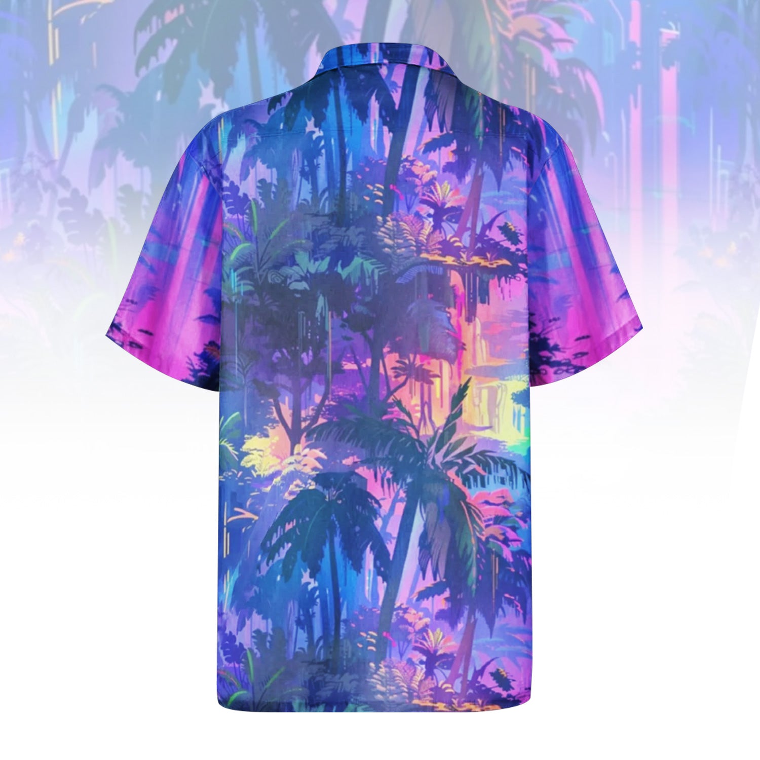 Violet Haze Hawaiian Shirt For Men Women - front and back view, showing vibrant purple and blue palm tree print with neon accents.