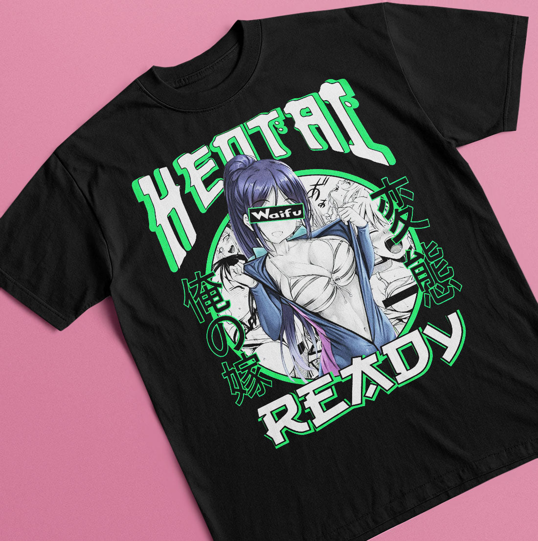 Black graphic t-shirt with "Waifu Ready" text and anime girl illustration with censored eyes in neon green