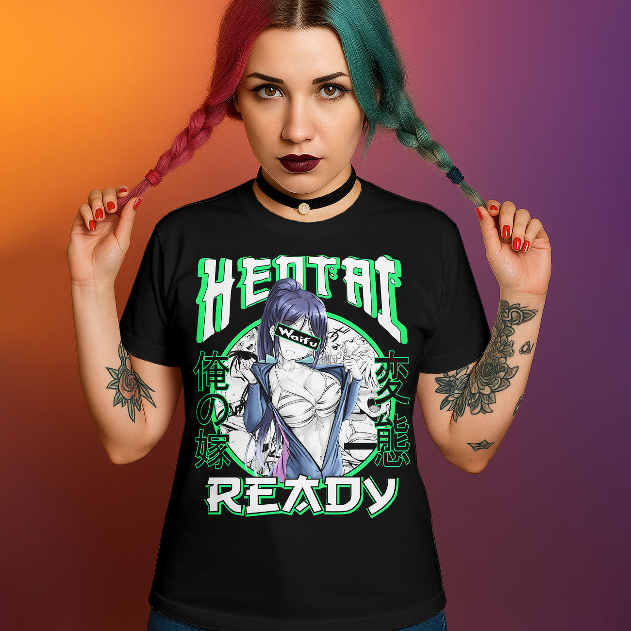 Black graphic t-shirt with "Waifu Ready" text and anime girl illustration with censored eyes in neon green